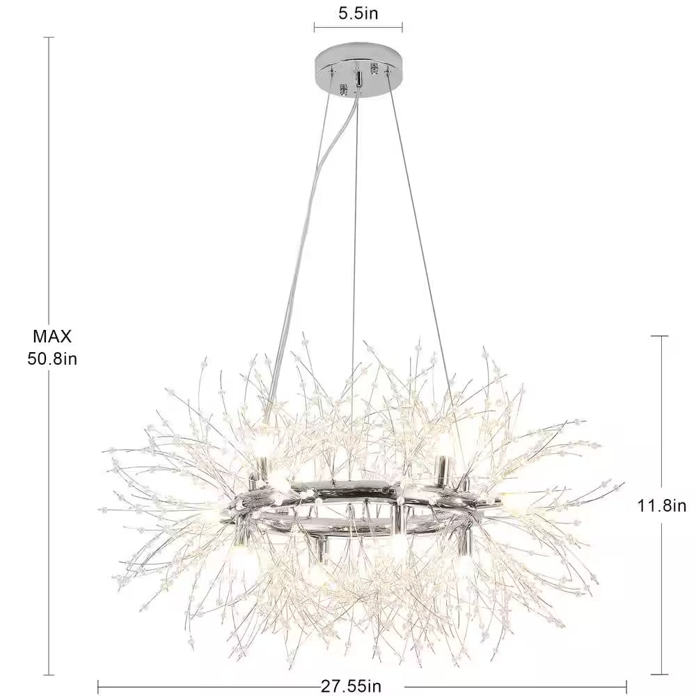 12-Light Chrome Modern Dandelion Crystal Chandelier for Dining Room and Living Room