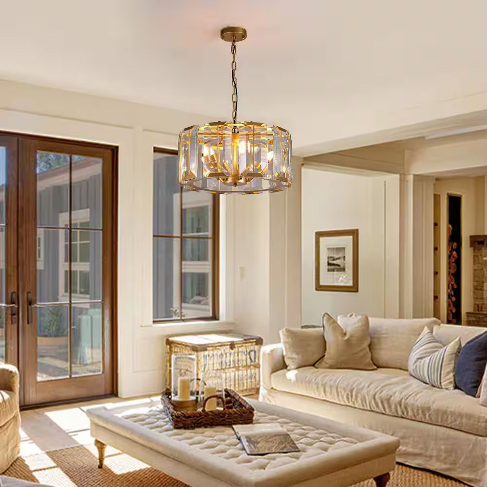 19.7 In. 5-Light Gold Crystal Drum Chandelier Modern Pendant Light for Dining Room, Living Room, Kitchen