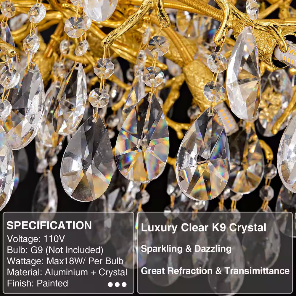14-Lights Gold Luxury Crystal Linear Chandelier, Modern Tree Branch Chandelier for Dinning Room, Kitchen, Living Room