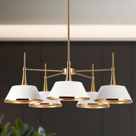 Modern 5-Light Matte White and Plated Brass Chandelier Contemporary Island Ceiling Light with Bell Shade for Living Room