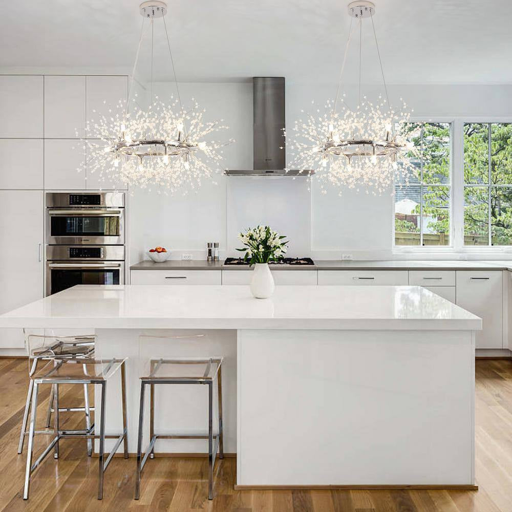 12-Light Chrome Modern Dandelion Crystal Chandelier for Dining Room and Living Room