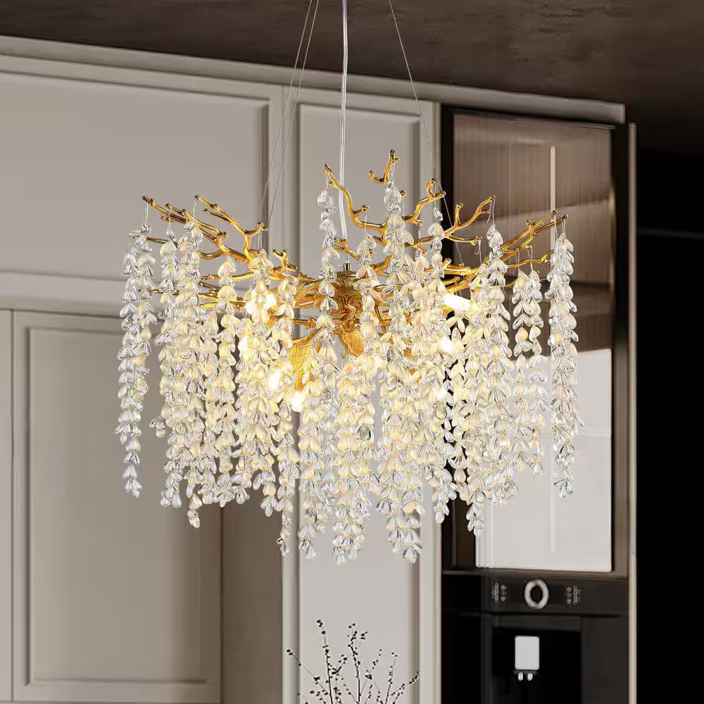 24" 8-Light Modern Crystal Chandelier, Gold Tree Branch round Chandelier for Dining Room, Living Room, Bedroom, Entryway