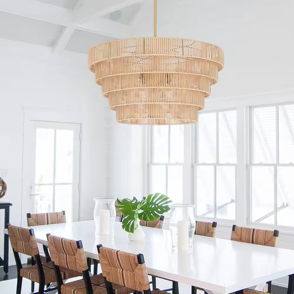 Piersan 26 In. 5-Light Brass Modern Bohemian Chandelier with Tiered Rattan Shade