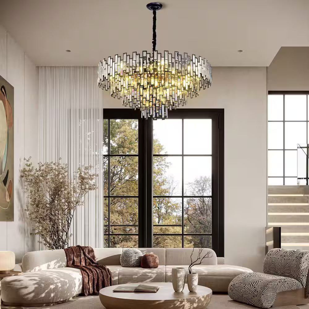 38.5 In. Modern Chandelier 26-Light 5-Tier Black round K9 Crystal Chandelier for Dining Room Living Room Entryway, Foyer