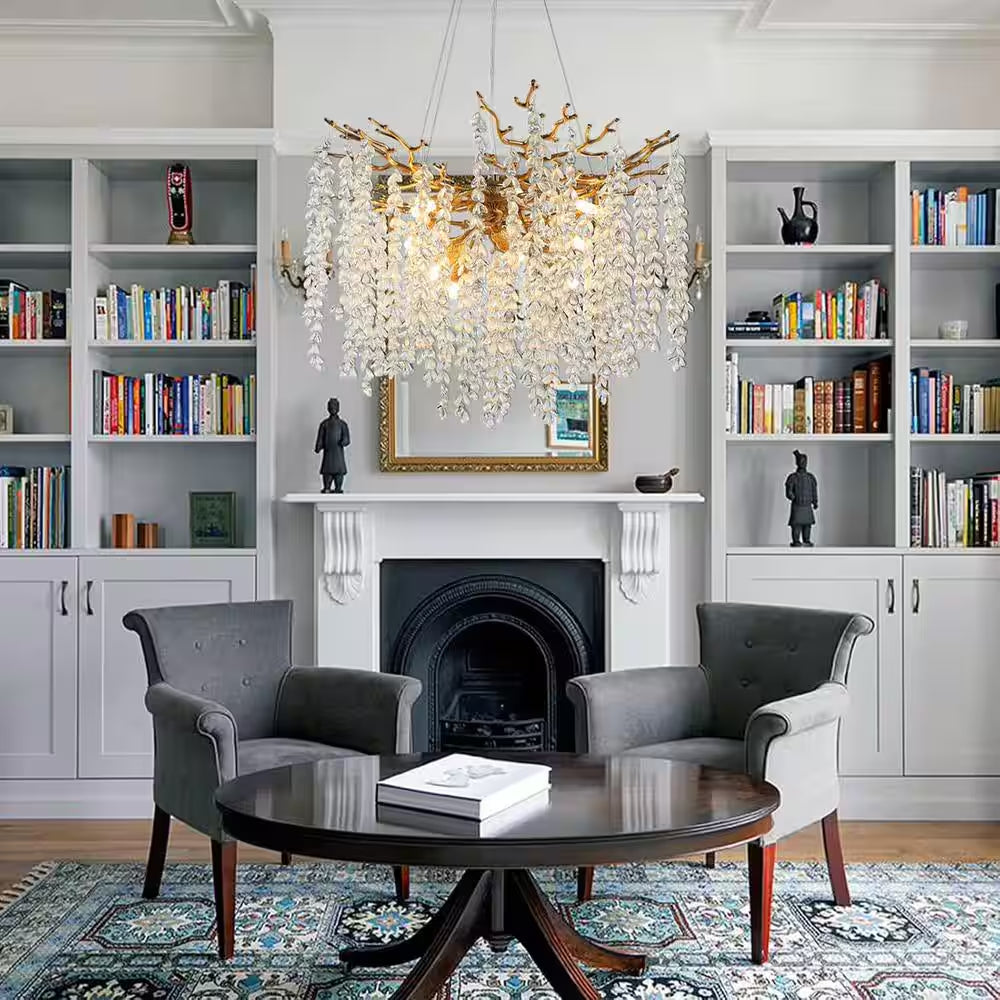 24" 8-Light Modern Crystal Chandelier, Gold Tree Branch round Chandelier for Dining Room, Living Room, Bedroom, Entryway