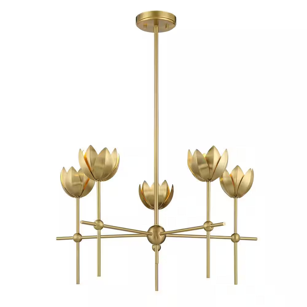 26 In. W X 14 In. H 5-Light Natural Brass Bohemian Chandelier with Metal Shades