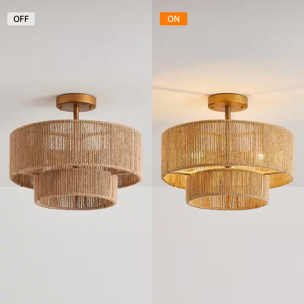 15.4 In. 3-Light Bohemian Antique Gold Two-Tier Drum Semi- Flush Mount with Natural Jute Rope Shade