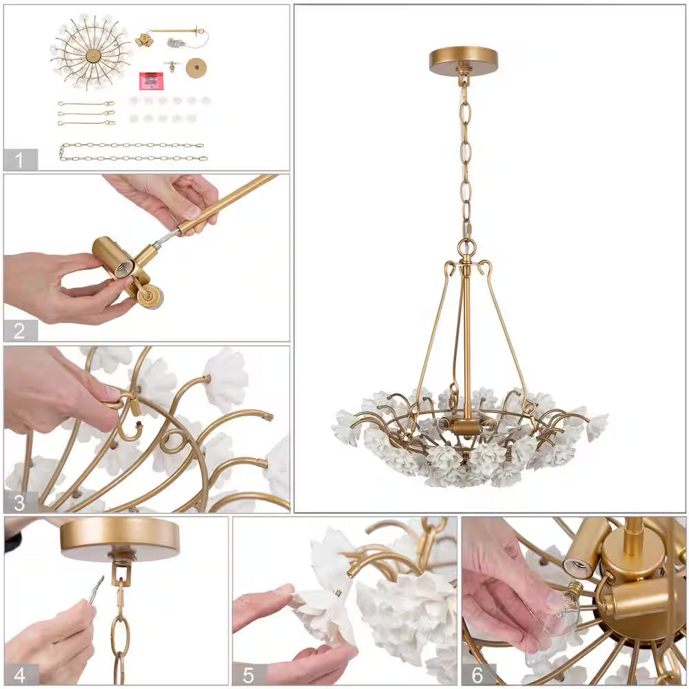 Modern Brass Gold Island Chandelier Light 3-Light round Chandelier Light with Ceramic Flowers