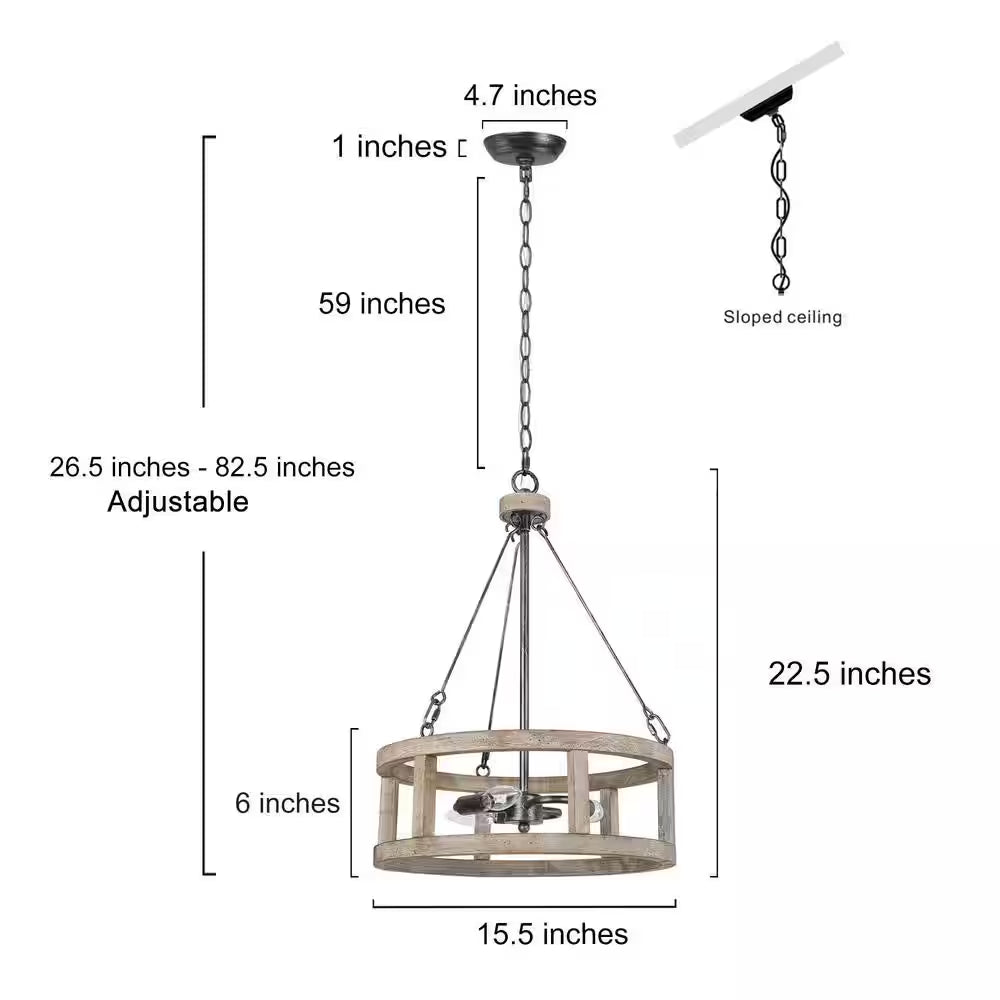 Drum Wood Chandelier, Rustic 3-Light Brown Caged Chandelier round Island Pendant Light Farmhouse Chandelier