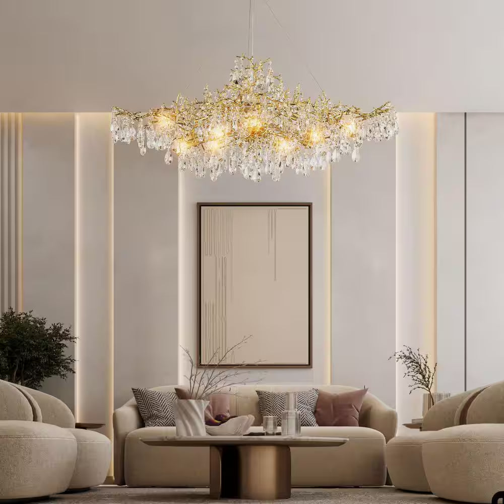14-Lights Gold Luxury Crystal Linear Chandelier, Modern Tree Branch Chandelier for Dinning Room, Kitchen, Living Room