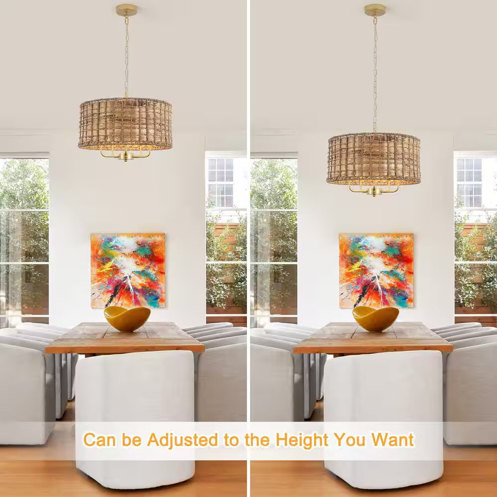 5-Light Gold Drum Bohemian Chandelier with Hand Woven Shade