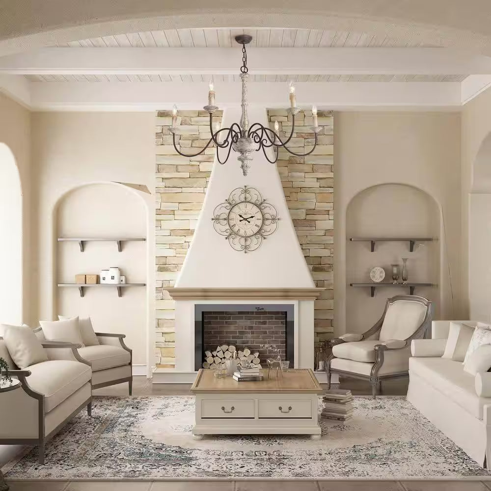 37 In. W Wood Candlestick Chandelier 6-Light Distressed White Farmhouse Chandelier Living Room with French Country Flair