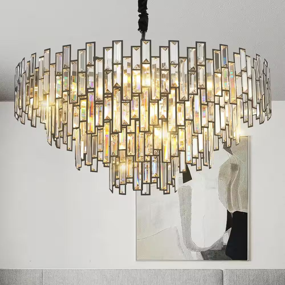 31.5" Modern Chandelier 19-Light 4-Tier Black round K9 Crystal Chandelier for Dining Room,Living Room,Entryway and Foyer