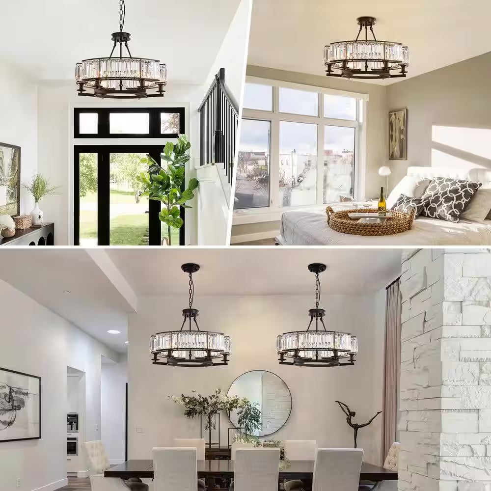 Modern Crystal Chandelier 26 In. 6-Light Black Drum Pendant Lighting Ceiling Semi Flush Mount