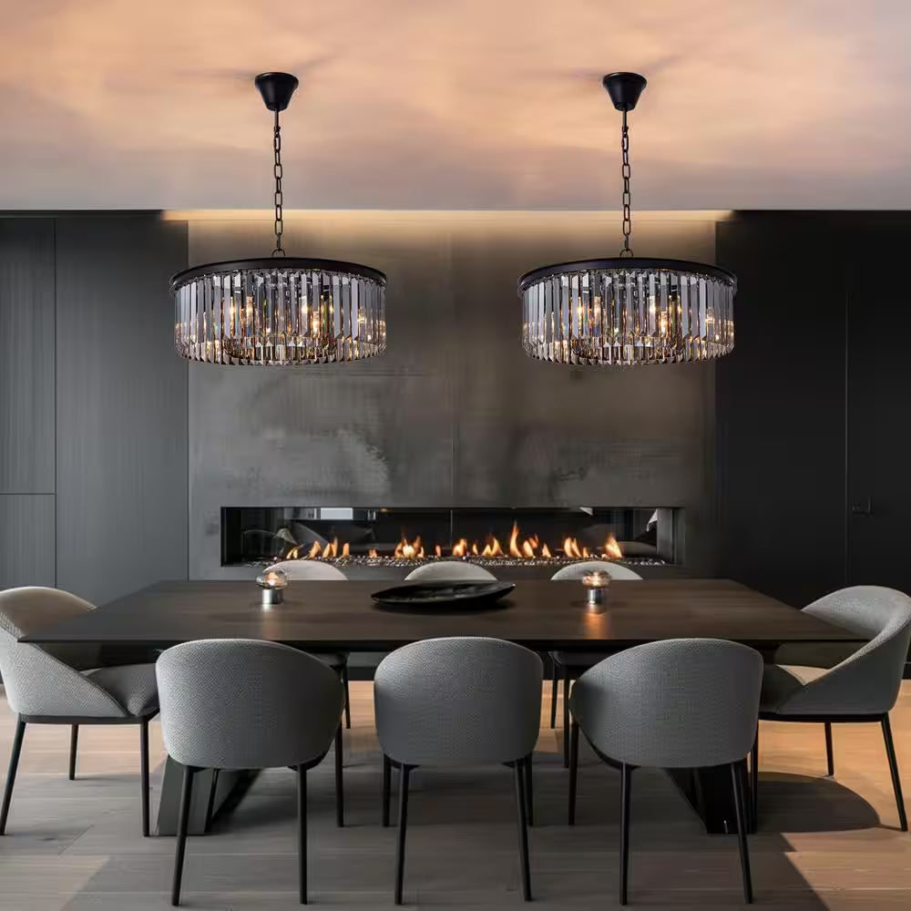 22 In. 6-Light Black Farmhouse Pendant Light Fixtures Crystal Drum Chandelier Dining Room Pendant Lighting