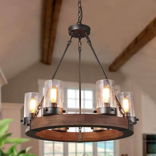 Bronze Farmhouse Chandelier Wood Wagon Wheel 6-Light Rustic Chandelier for Foyer with Seedy Glass and Aged Silver Metal