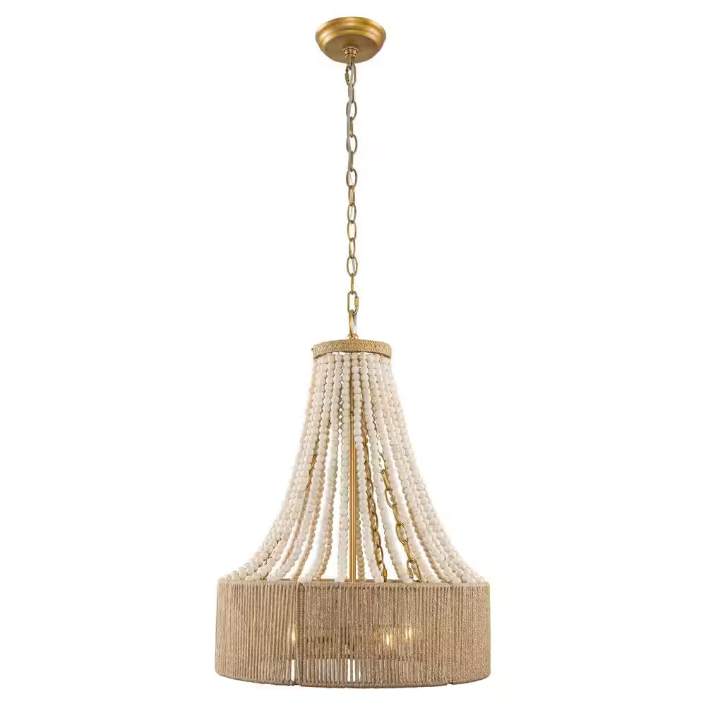 Farmhouse 17.7 In. 4-Light Antique Gold Empire Wood Beaded Chandelier with Jute Rope Shade