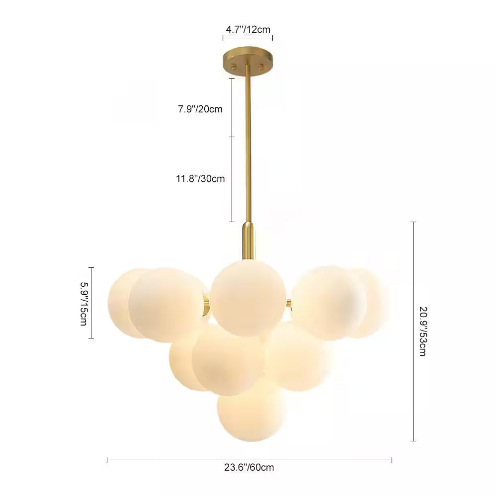 13-Light Brass Mid Century Modern Bubble Globe Chandelier Cluster Pendant Lighting Fixture with Milk White Glass Shade