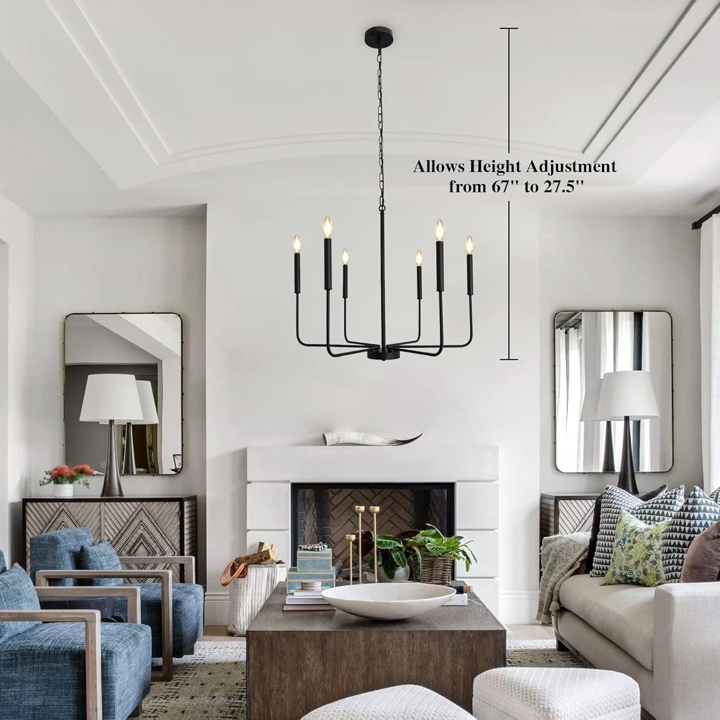 Black Farmhosue Chandeliers for Dining Room Light Fixture Ceiling Hanging, 26" 6 Lights Modern Candle Linear Traditional Metal Chandeliers for Dining Room Bedroom Living Room Foyer Kitchen