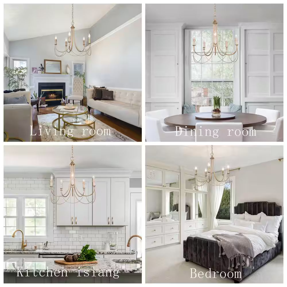 Modern Satin Gold French Country Farmhouse 5-Light Chandelier Vintage Candlestick High Ceiling Light