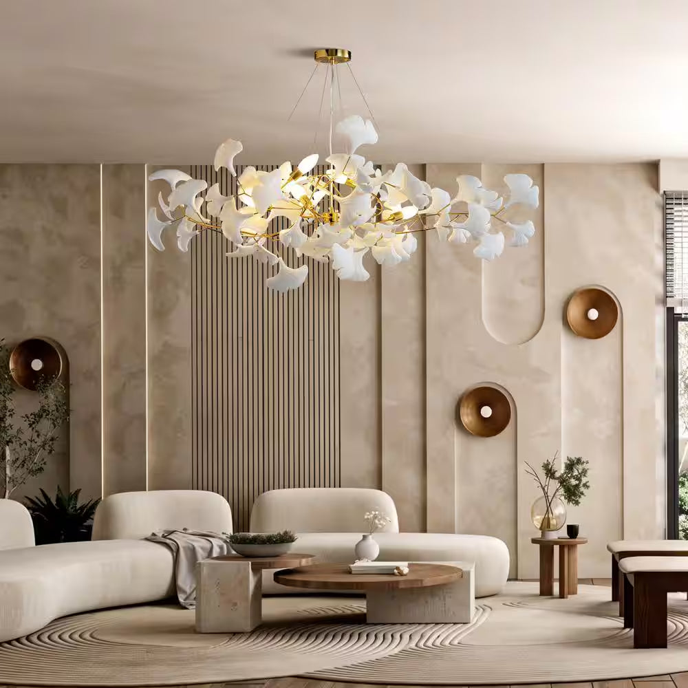 6-Light Gold Chandelier, Luxury Ginkgo Branch Chandelier for Living Room, Dining Room, Foyer, Kitchen Island-L 47 In.