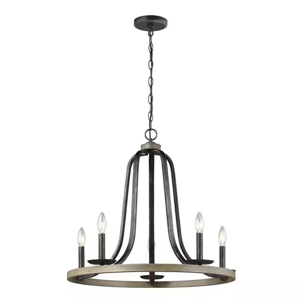 Conal 5-Light Weathered Gray Wagon Wheel Rustic Farmhouse Bell Candlestick Chandelier with Distressed Oak Finish Accents