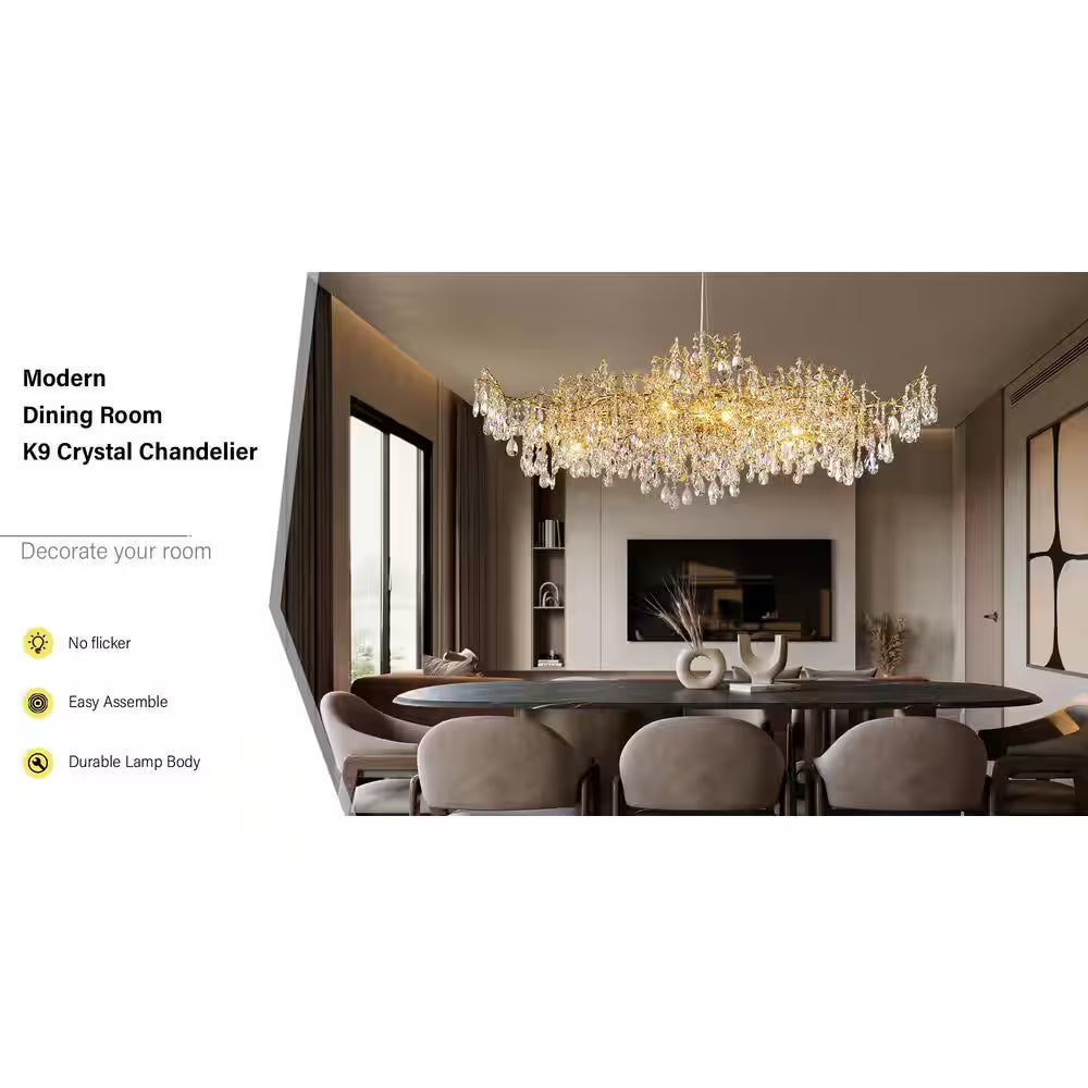 14-Lights Gold Luxury Crystal Linear Chandelier, Modern Tree Branch Chandelier for Dinning Room, Kitchen, Living Room