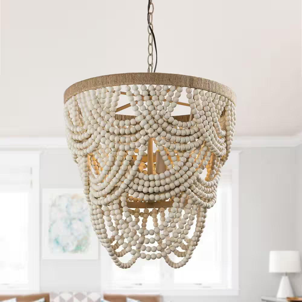 Hatfield 4-Light Bohemia Style Natural Wood Beaded Tiered Chandelier with Rope Accents