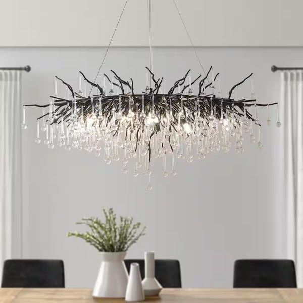 Modern Chandelier 47 In. 13-Lights Black Luxury Crystal Globe Linear Chandelier for Dinning Room, Kitchen Island, Foyer