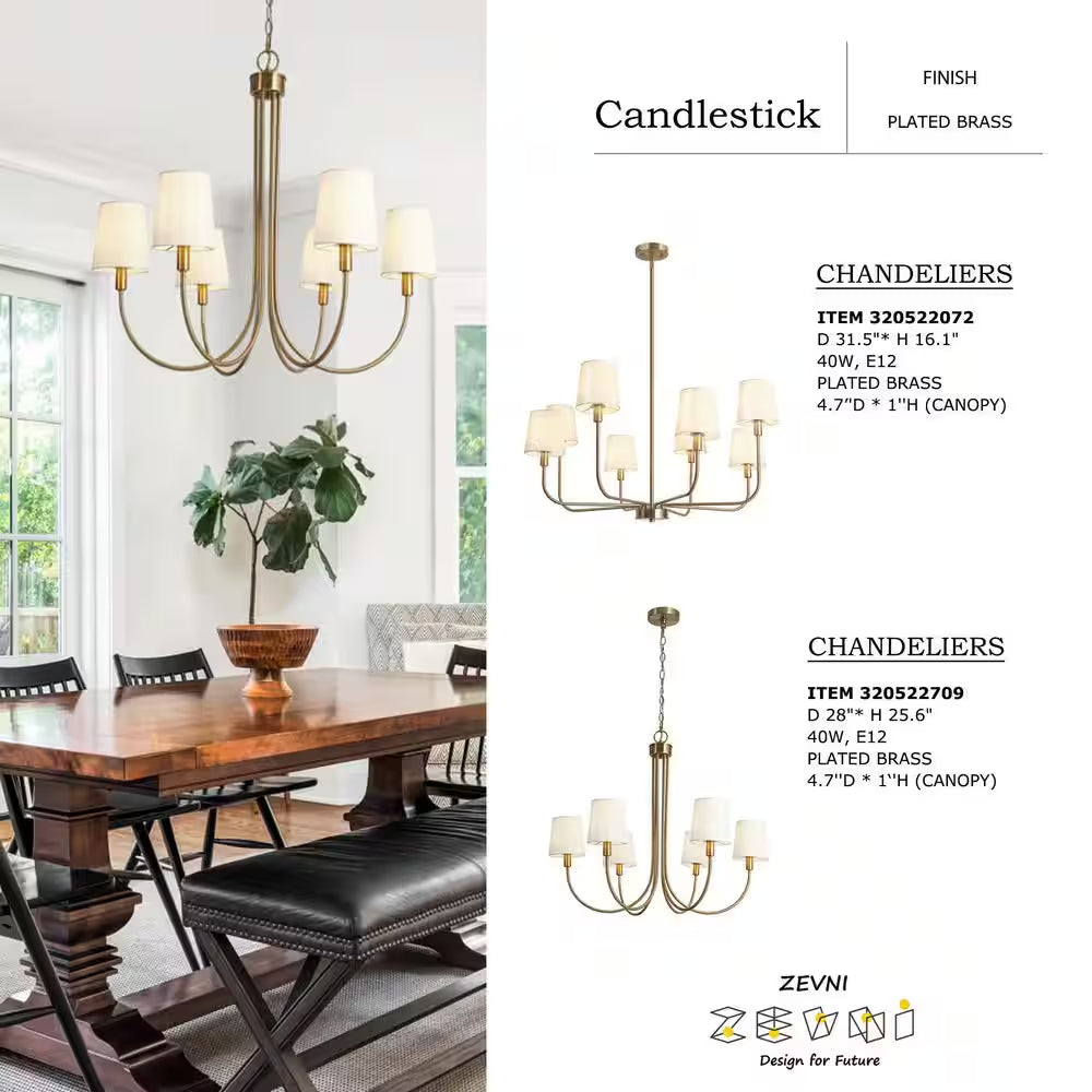 Transitional 28.5 In. 6-Light Plated Brass Sputnik Chandelier, Vintage Dining Room Chandelier with White Fabric Shade