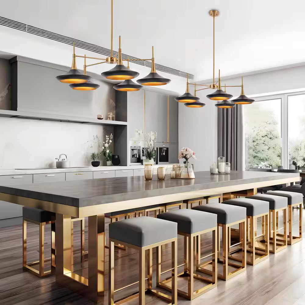 Contemporary Black Mid Century Chandelier with Metal Barn Shades Plating Brass/Gold Accent 5-Light Modern Large Pendant