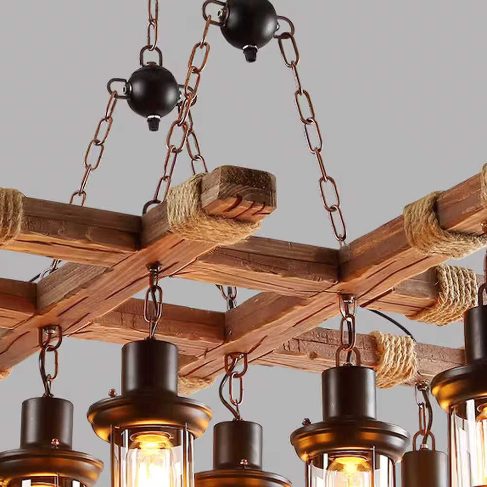 39 In. 8-Light Vintage Industrial Brown Wooden Farmhouse Chandelier