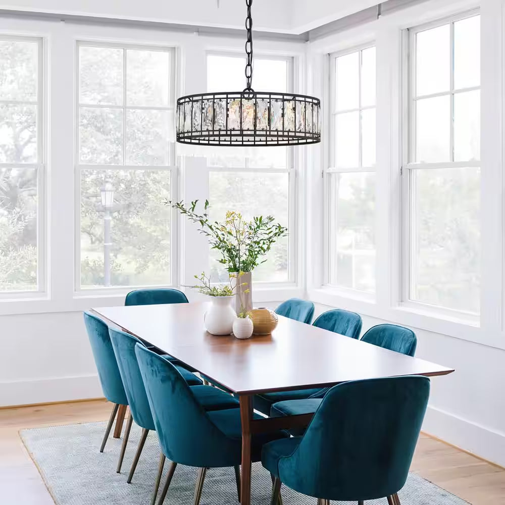 Cristallo 15.5 in 3-Light Modern Black Chandelier with Glam Crystal Shade Transitional Empire Dining Room Island Pendant