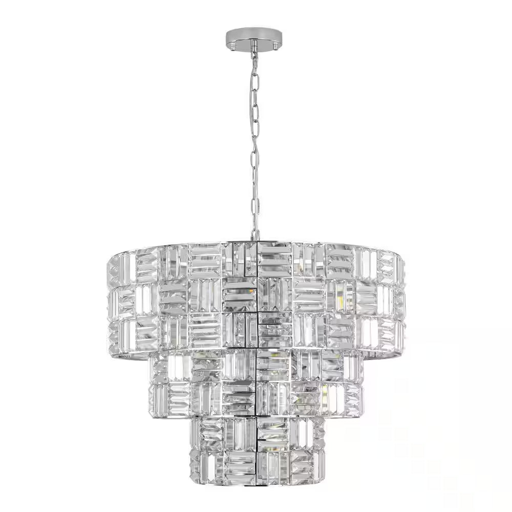 Luz 11-Light 3-Tier round Crystal Chandelier Chrome Finish round with Crystal for Living Room