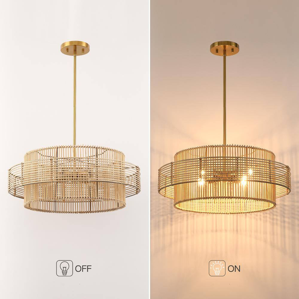 Saturn 22 In. 4-Light Brass Modern Bohemian Chandelier with Natural Rattan Shade