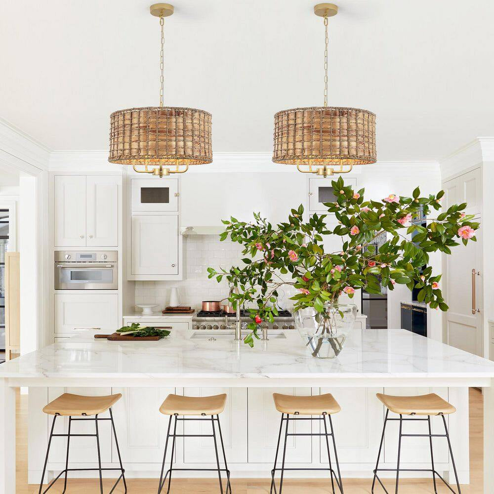 5-Light Gold Drum Bohemian Chandelier with Hand Woven Shade