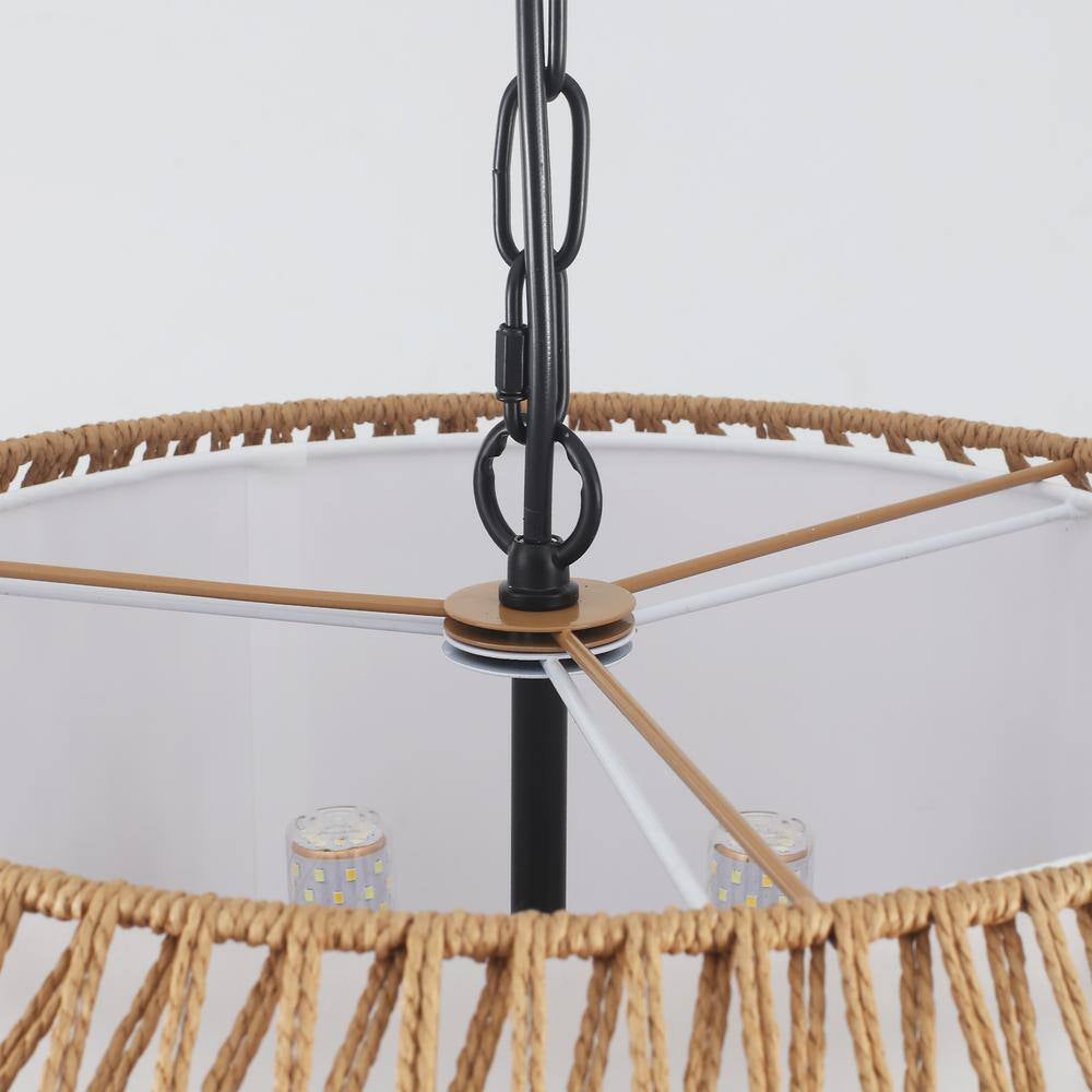 6-Light Black Bohemian Drum Chandelier with Straw Woven Shade for Kitchen Island