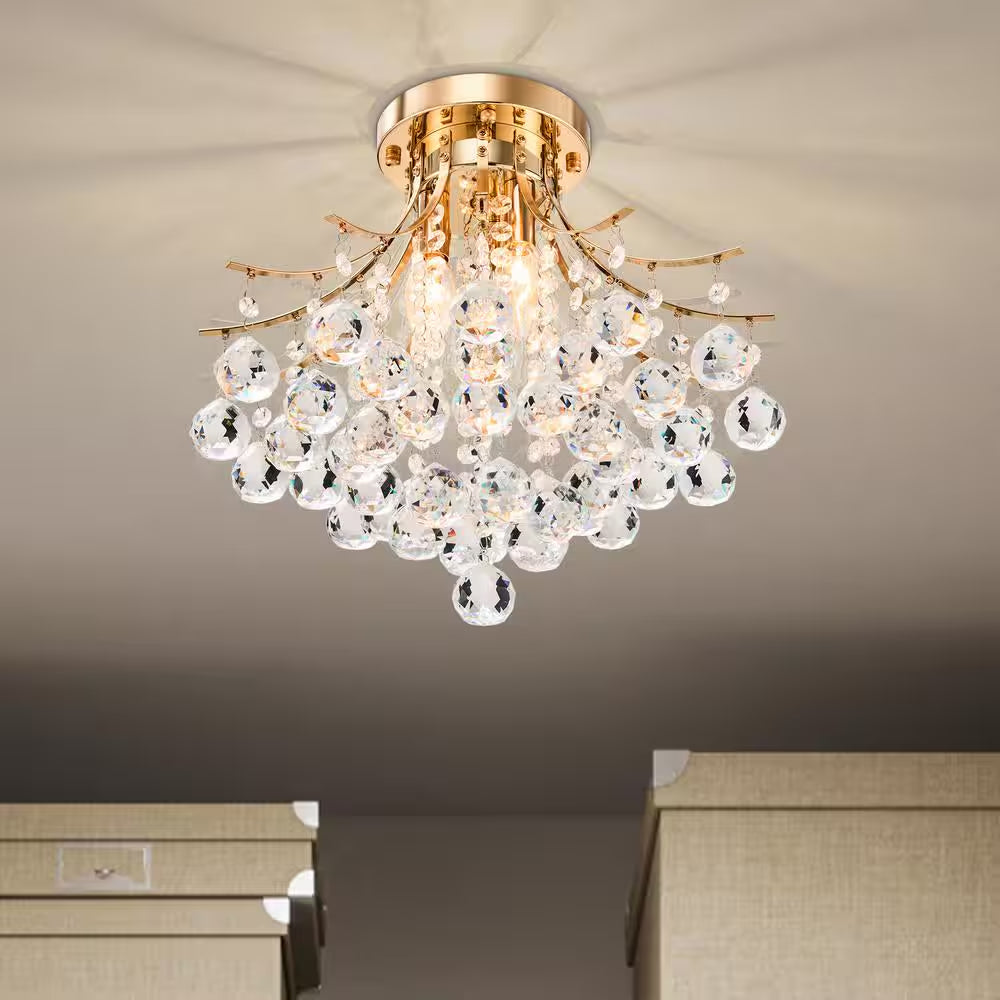 15.4 In. 3-Light Gold Crystal Chandelier Flush Mount Ceiling Light Fixture