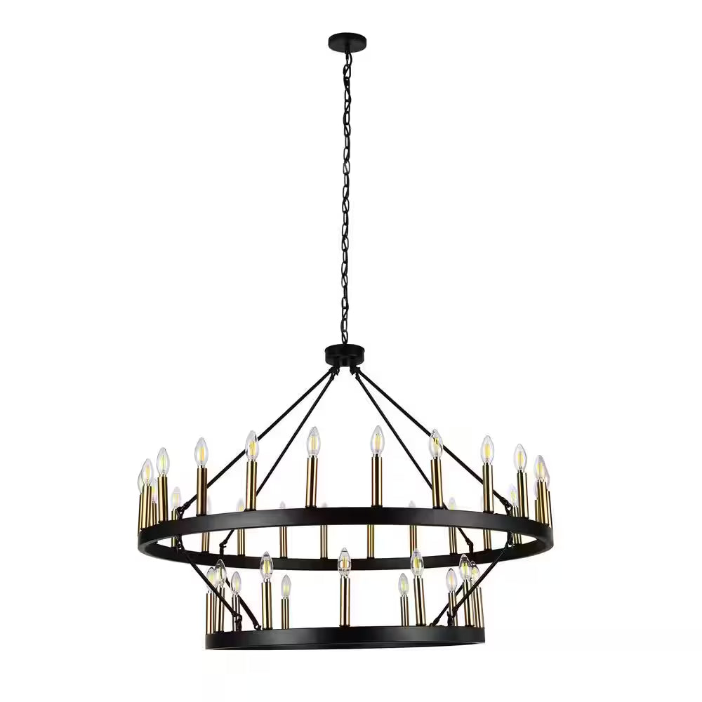 47.24 In. 36-Light round Black Wagon Wheel Chandelier Large Farmhouse 2-Tier Chandeliers