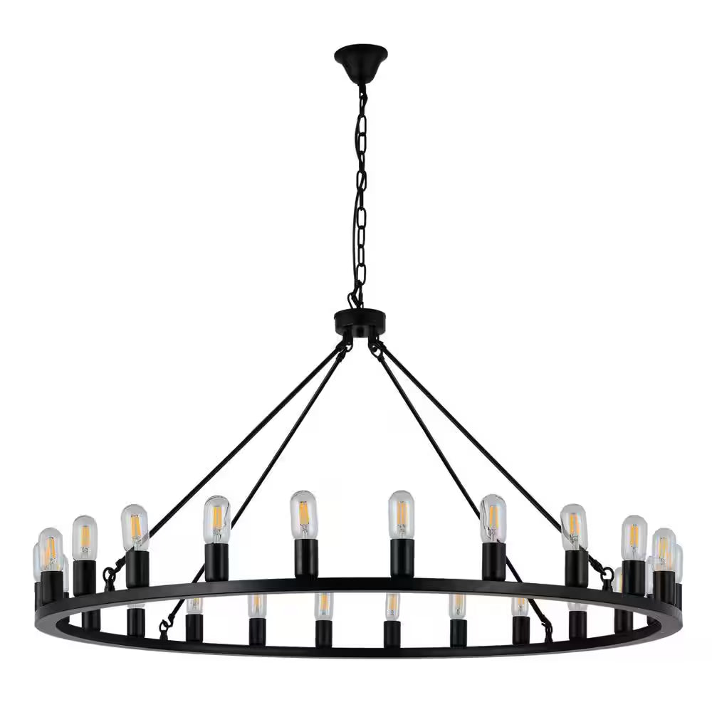 Industrial 24-Light Vintage Black Wagon Wheel Chandelier