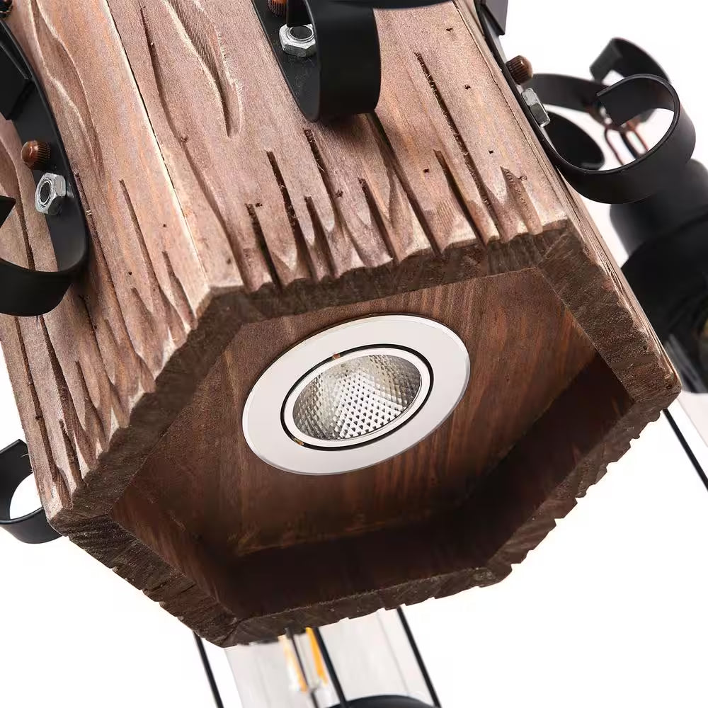 23 In. 6-Light Black Retro Rustic Wooden Chandelier for Dining Room, No Bulbs Included
