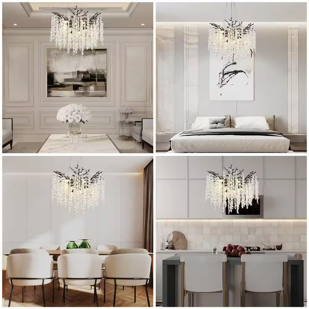 24" 8-Light Modern Crystal Chandelier Black Tree Branch round Chandelier for Dining Room, Living Room, Bedroom, Entryway