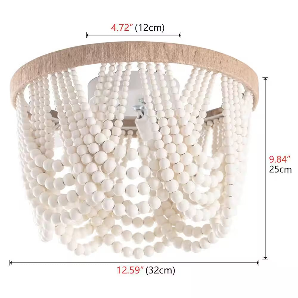 12.6 In. 3-Light Antique Rustic White Flush Mount Bohemia Wood Beaded Ceiling Light Mini Chandelier