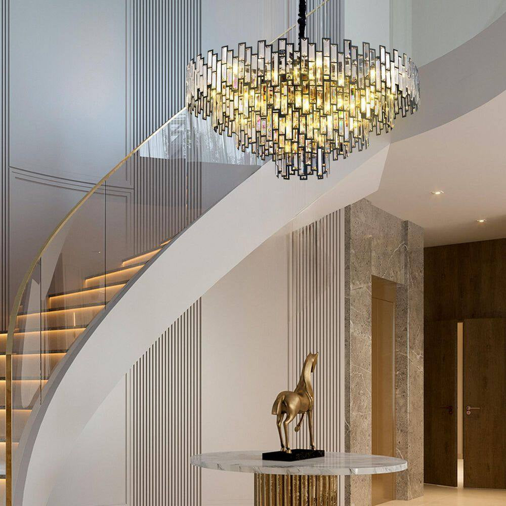 38.5 In. Modern Chandelier 26-Light 5-Tier Black round K9 Crystal Chandelier for Dining Room Living Room Entryway, Foyer