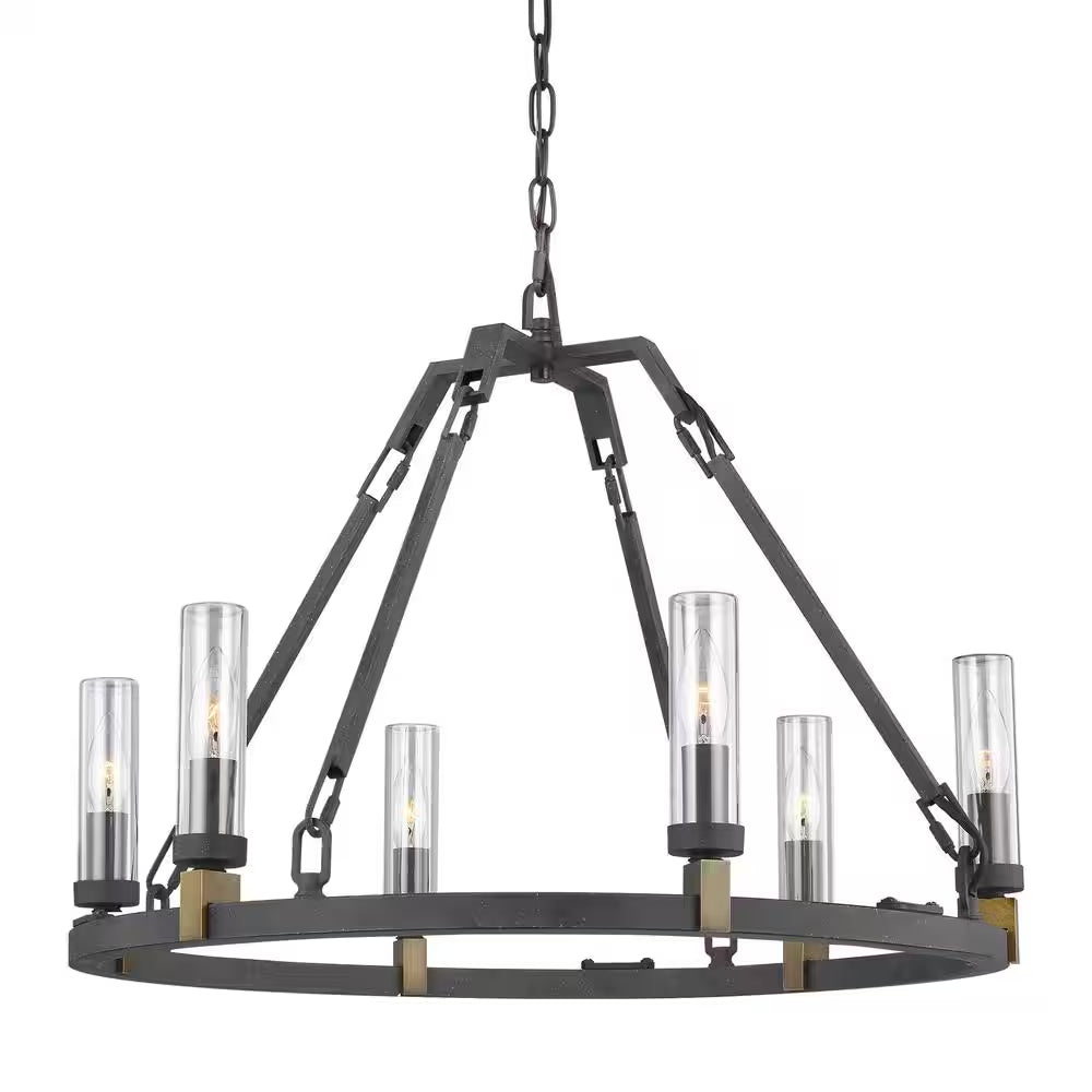 Landen Medium 6-Light Antique Forged Iron Transitional Candlestick Wagon Wheel Outdoor Hanging Chandelier
