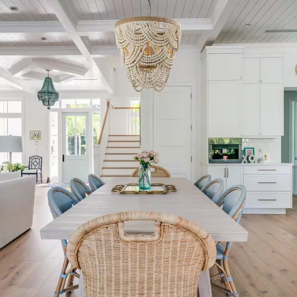 Modern Boho Dining Room Chandelier 4-Light Distressed White Island Chandelier with Wood Beads and Rope