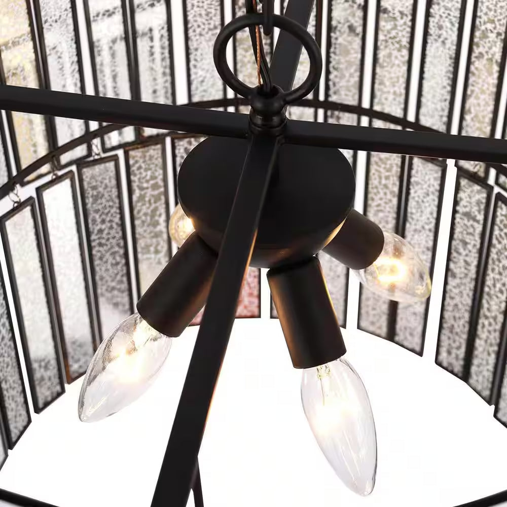 Hemera 4-Light Black Modern Drum Chandelier with 2-Tier Plated Mercury Glass Shade Living Room Silvered Hanging Light