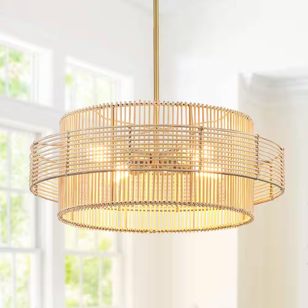Saturn 22 In. 4-Light Brass Modern Bohemian Chandelier with Natural Rattan Shade