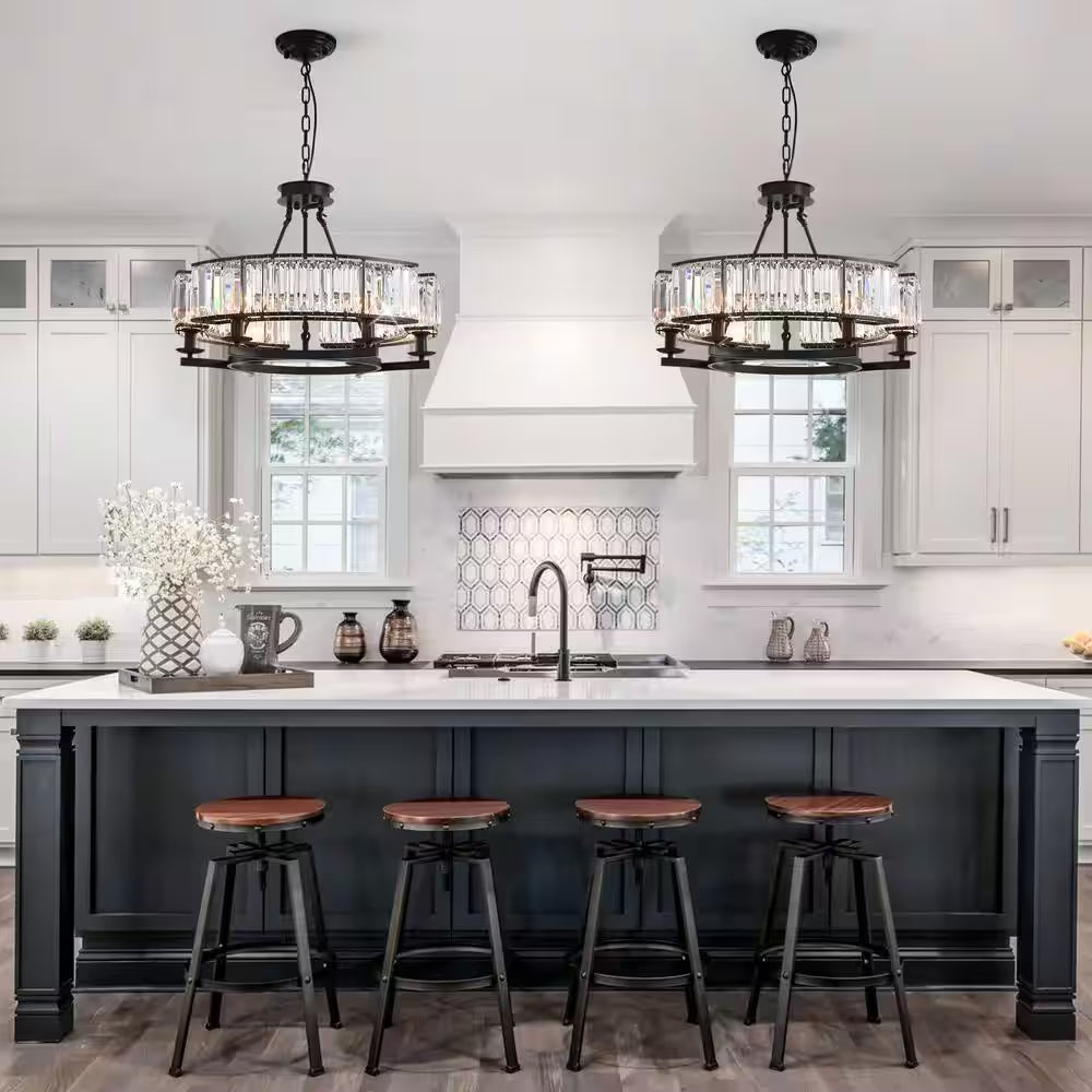 Modern Crystal Chandelier 26 In. 6-Light Black Drum Pendant Lighting Ceiling Semi Flush Mount