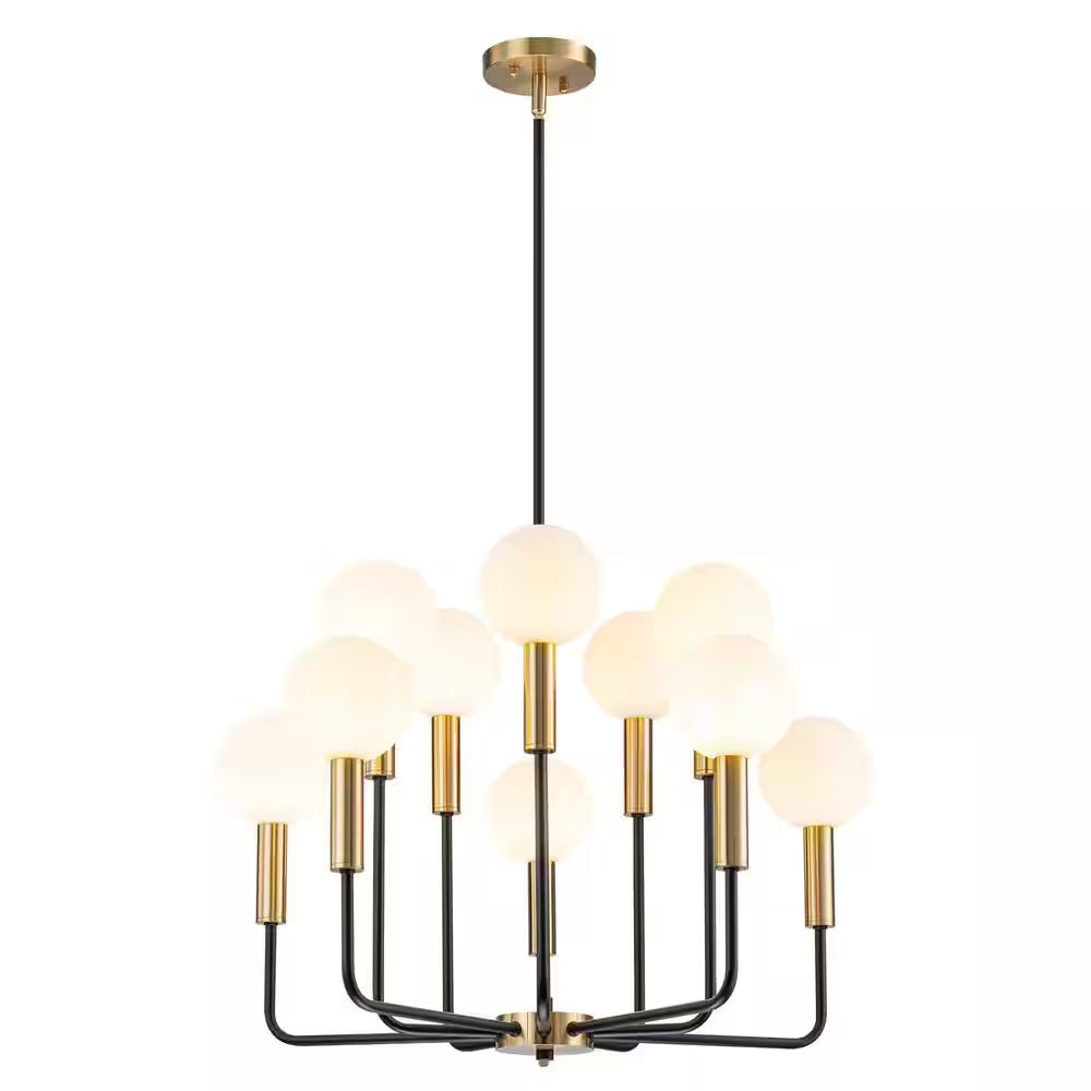 Aaron 10-Light Modern Transitional Black and Gold Uplight Frosted Glass Globe Chandelier